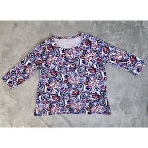 Anne Klein Top Womens 1X Blue Paisley Multicolor Gold Button 3/4 Sleeve Casual‎